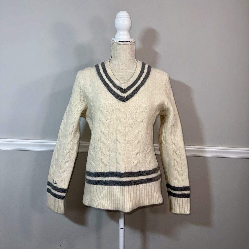 Polo Ralph Lauren The Iconic Cricket Sweater Womans MD Wool Cashmere Cream Gray - Picture 2 of 15